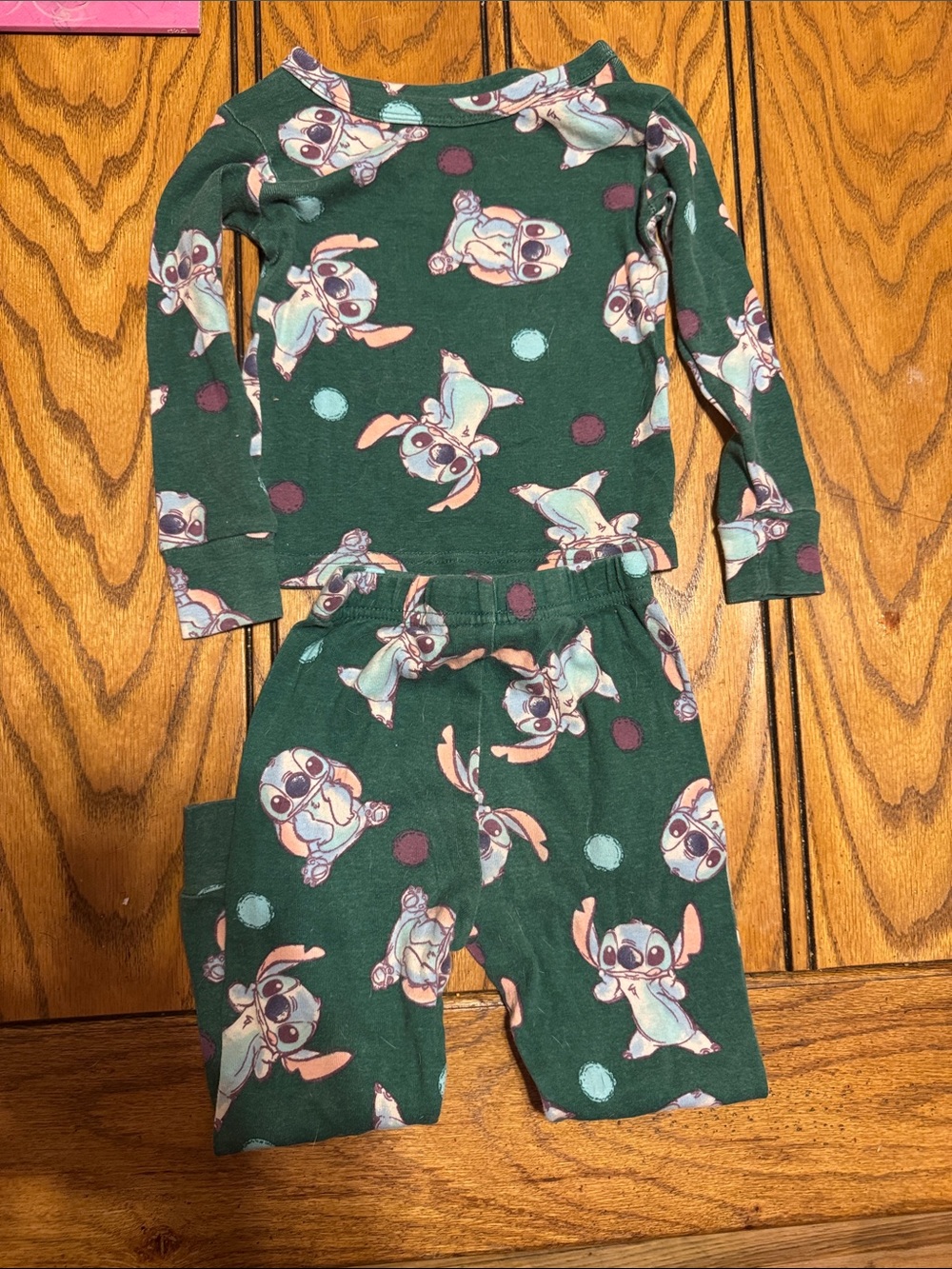 Dark Green Kids Pajama Set with Cartoon Print